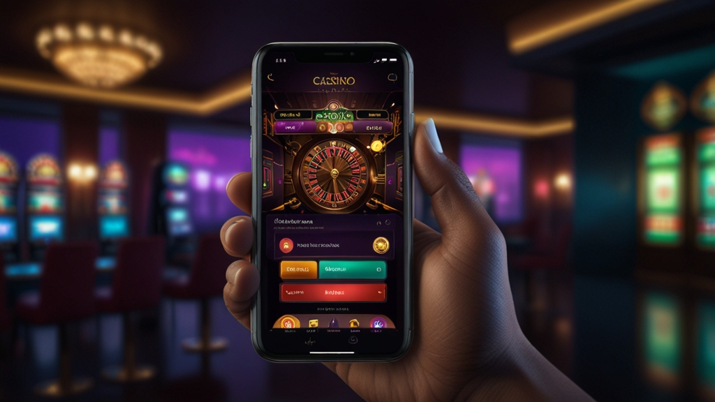 Smartphone mit Download-Hinweis für die Hollywin App in dunkler Casino-Atmosphäre