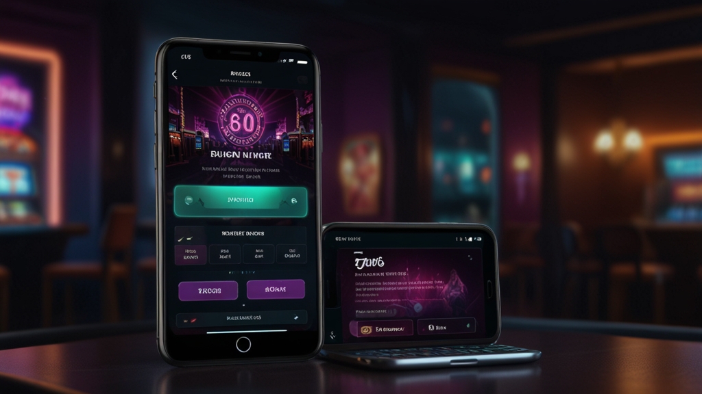 Casino-Bonuscode auf einem Bildschirm neben einem Smartphone im dunklen Spielsaal