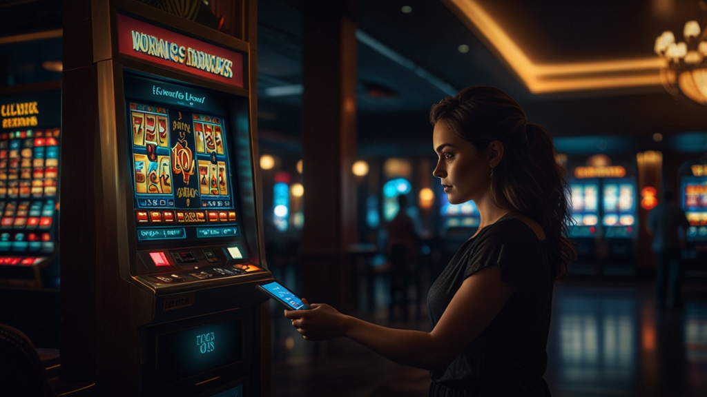 Dunkle Casino-Szene mit Bonusanzeige und Smartphone zur Prüfung eines Angebots ohne Einzahlung