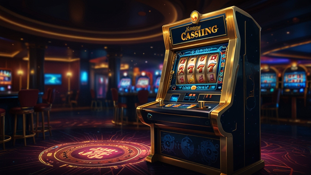 Slotmaschine mit Freispiel-Symbolen und Bonusguthaben in einer dunklen Casino-Atmosphäre